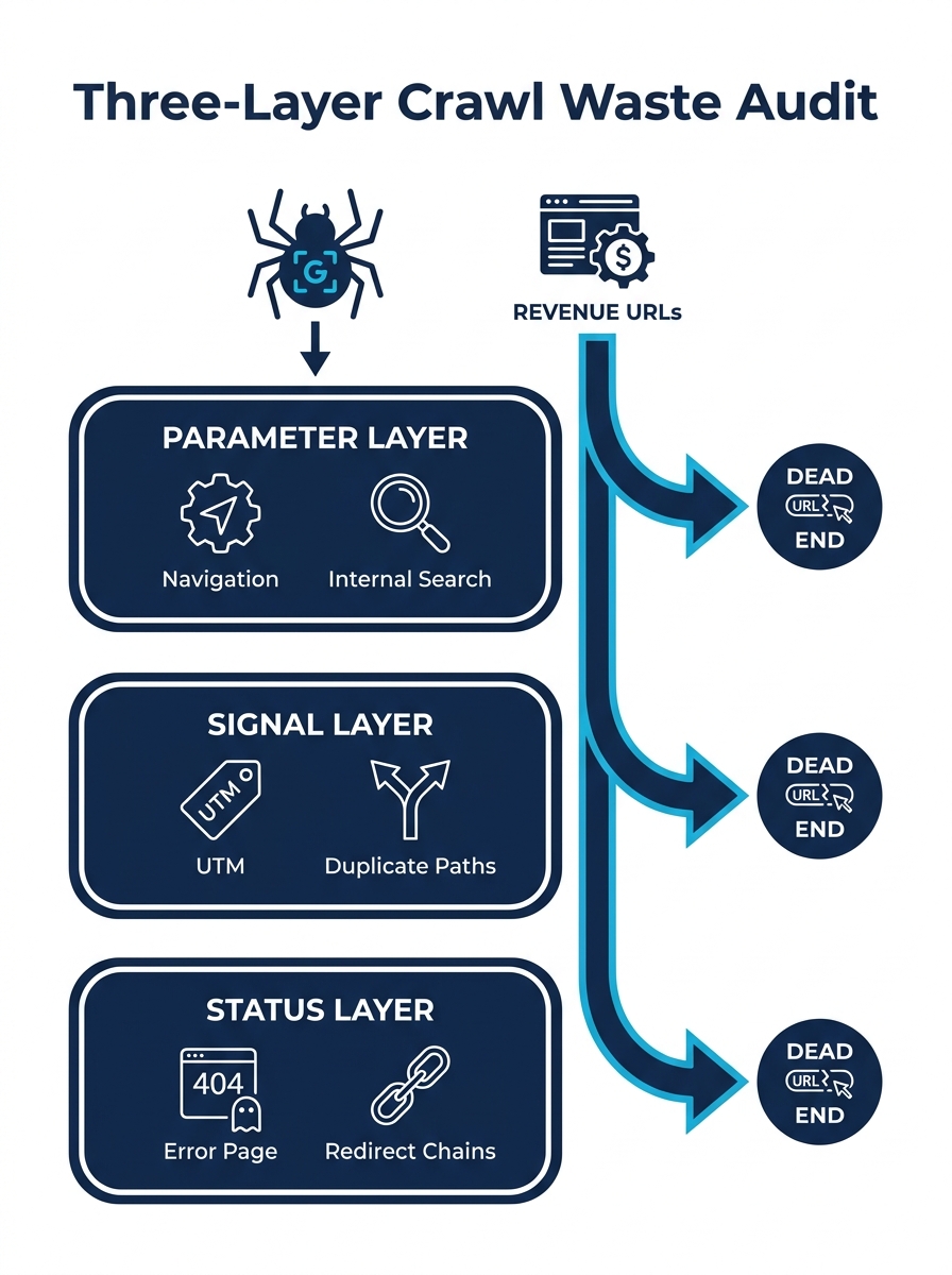 Infographic showing the Three-Layer Crawl Waste Audit framework with three stacked layers labeled Parameter Layer showing faceted nav and internal search icons, Signal Layer showing UTM tags and dupli