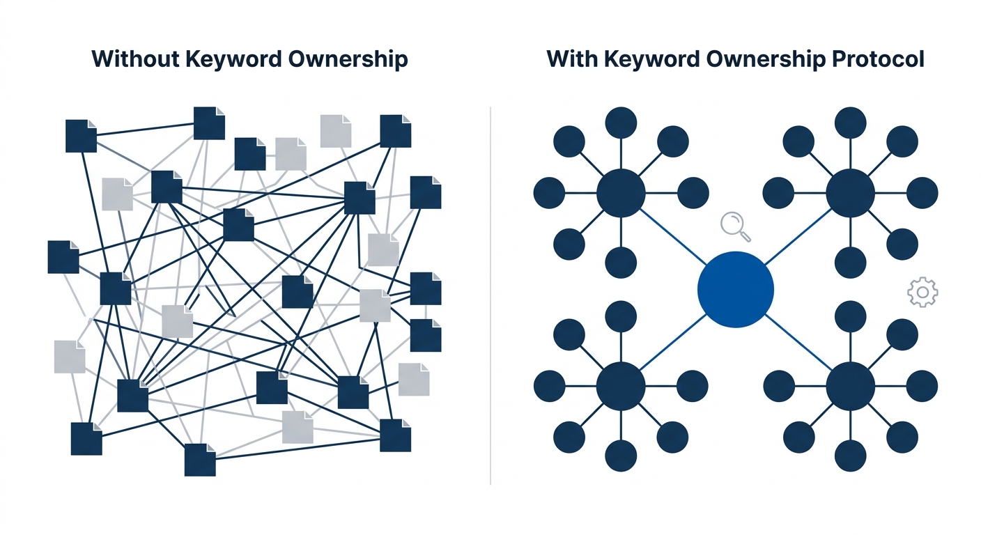 A visual showing two enterprise site architectures compared — on the left, a chaotic web of pages all targeting similar keywords with crossing internal links and no clear hierarchy, labeled "Without K
