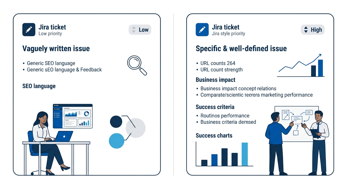 Illustration of two side-by-side Jira-style tickets, one vaguely written with generic SEO language and marked as low priority, the other with specific URL counts, business impact framing, and clear su