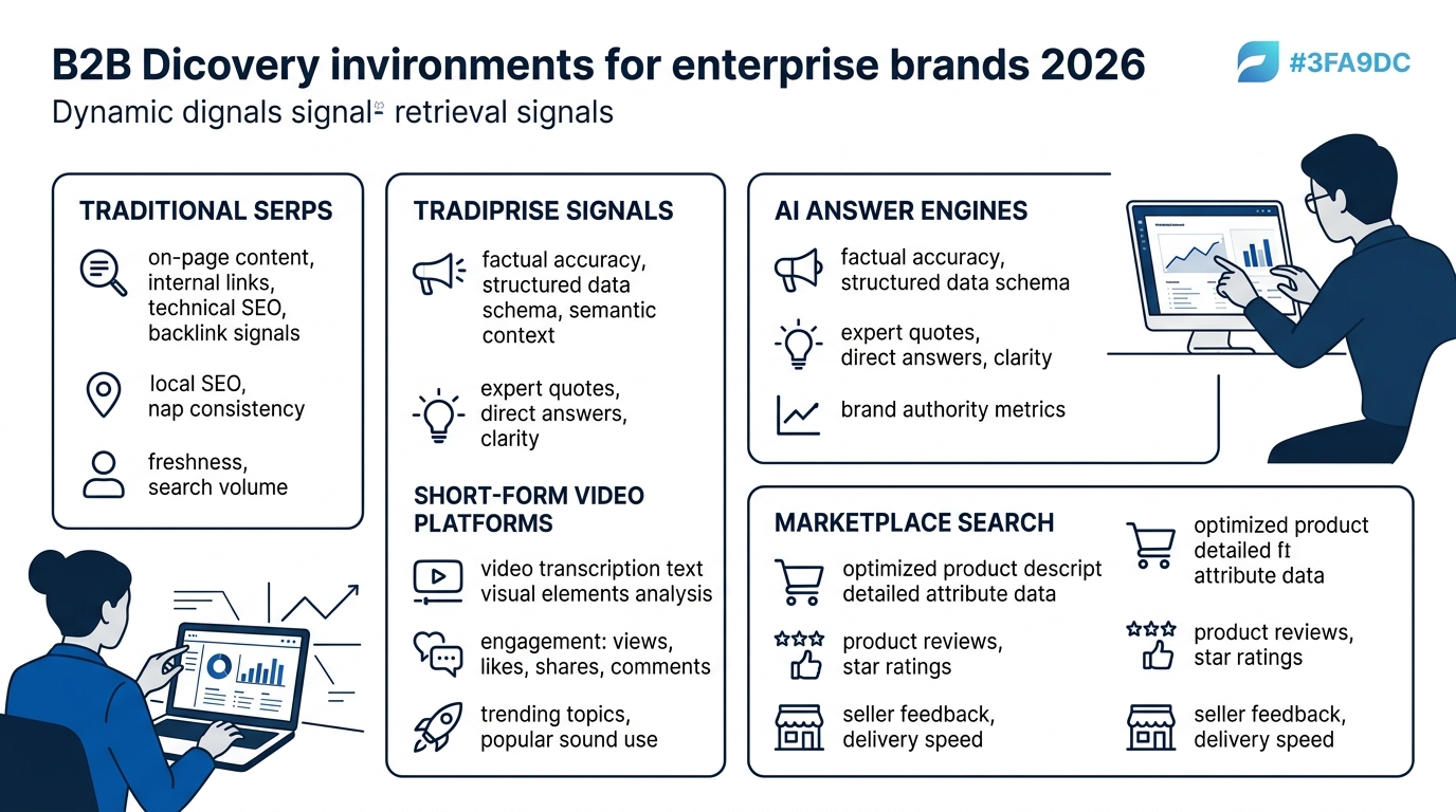 A diagram showing four discovery environments for enterprise brands in 2026 — traditional SERPs, AI answer engines, short-form video platforms, and marketplace search — with distinct retrieval signals