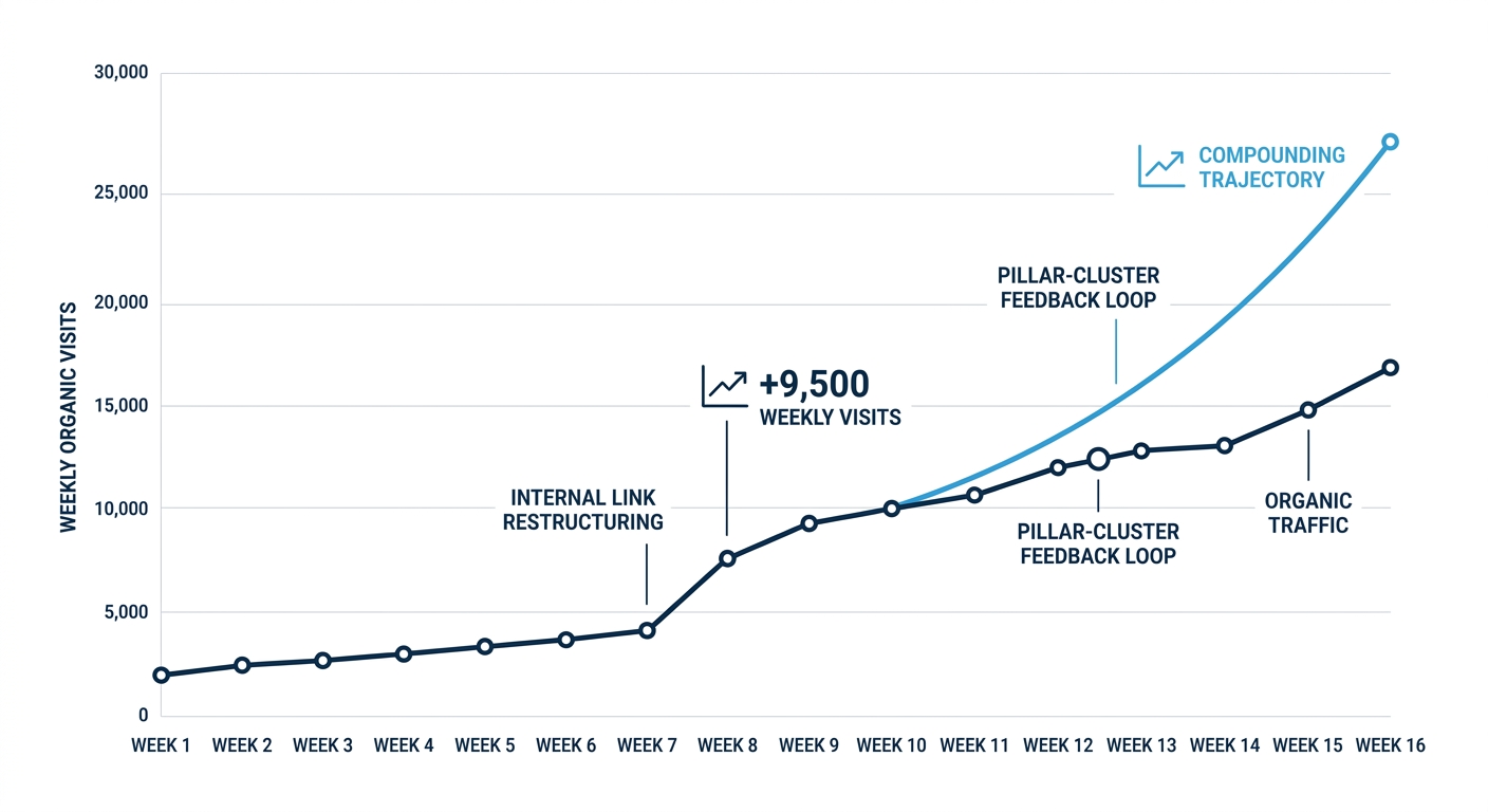 line chart showing organic traffic growth over 16 weeks after internal link restructuring, with an annotation at week 8 marking the 9,500 weekly visit increase, and a second line showing the compoundi