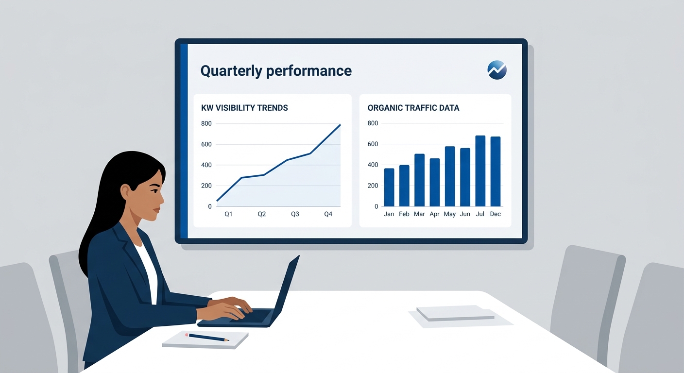 A marketing director sitting at a conference table reviewing an SEO agency's quarterly performance dashboard, with charts showing keyword visibility trends and organic traffic data on a large screen