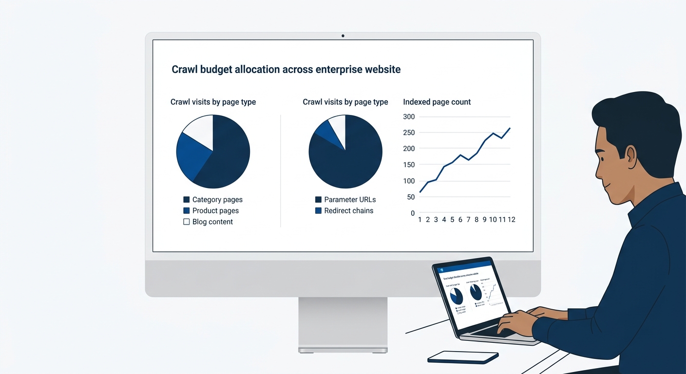 A dashboard mockup showing crawl budget allocation across an enterprise website, with pie charts breaking down crawl visits by page type — category pages, product pages, blog content, parameter URLs,