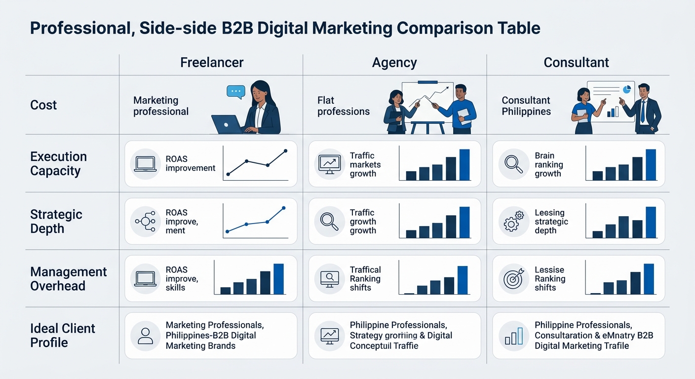 A side-by-side comparison table on a clean white background showing three columns labeled Freelancer, Agency, and Consultant, with rows for cost, execution capacity, strategic depth, management overhe