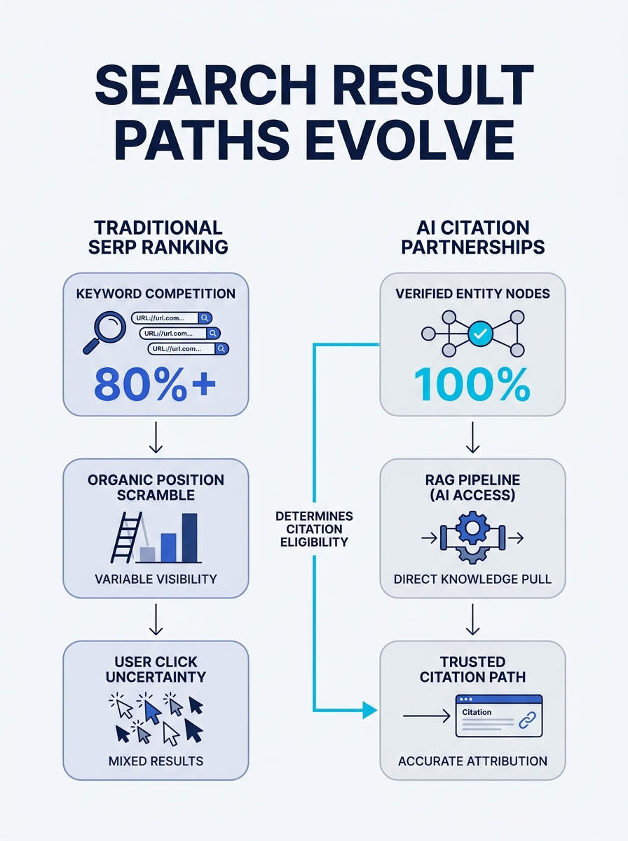 Diagram showing two paths side by side - a traditional SERP ranking path where URLs compete for position versus an AI citation path where a RAG pipeline pulls from verified entity nodes in a knowledge