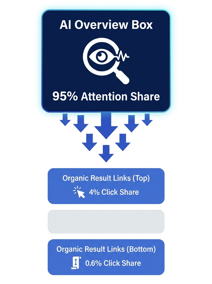 A diagram showing a Google search results page with a large AI Overview box at the top absorbing user attention, with diminishing arrows flowing down to traditional blue organic result links below