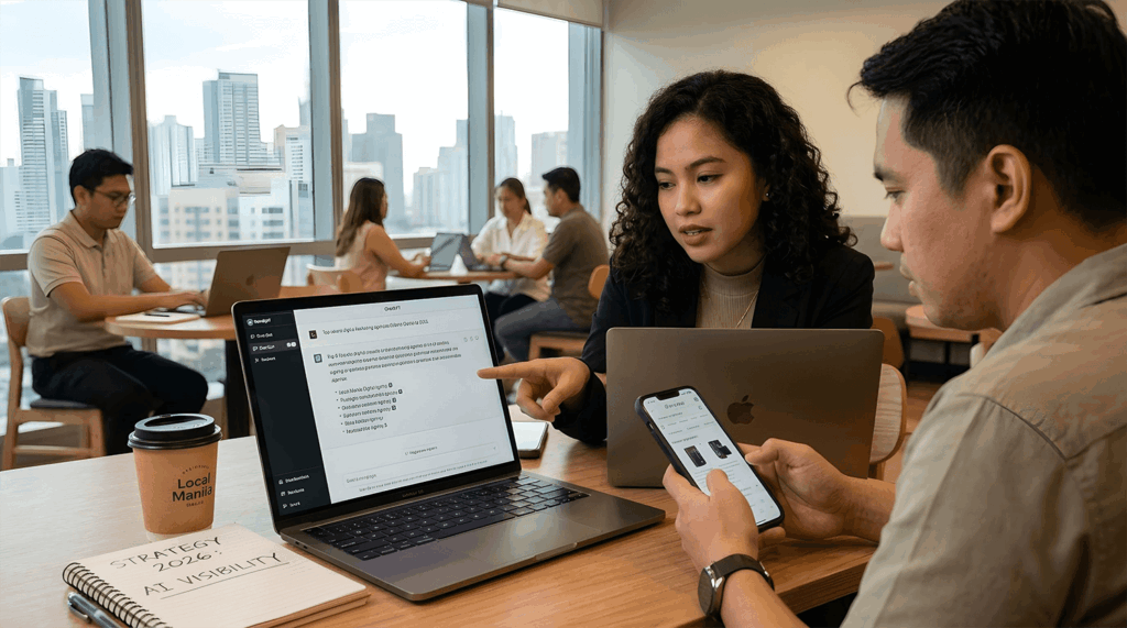Man and woman discussing their strategy to boost their brand's AI visibility