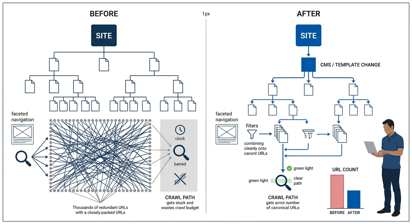 Diagram showing a before-and-after comparison of a site architecture where a faceted navigation fix at the template level resolves hundreds of crawl-waste URLs, with arrows showing the cascading effec
