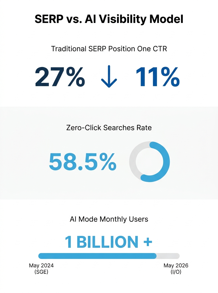 Infographic comparing traditional SERP visibility model versus AI citation visibility model, showing CTR declining from 27% to 11% for position one, zero-click rate at 58.5%, and AI Mode crossing one