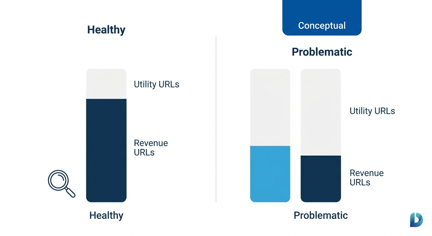 A side-by-side comparison showing a healthy Googlebot crawl distribution (80% revenue URLs, 20% utility URLs) vs. a problematic one (35% revenue URLs, 65% utility URLs) in a stacked bar chart