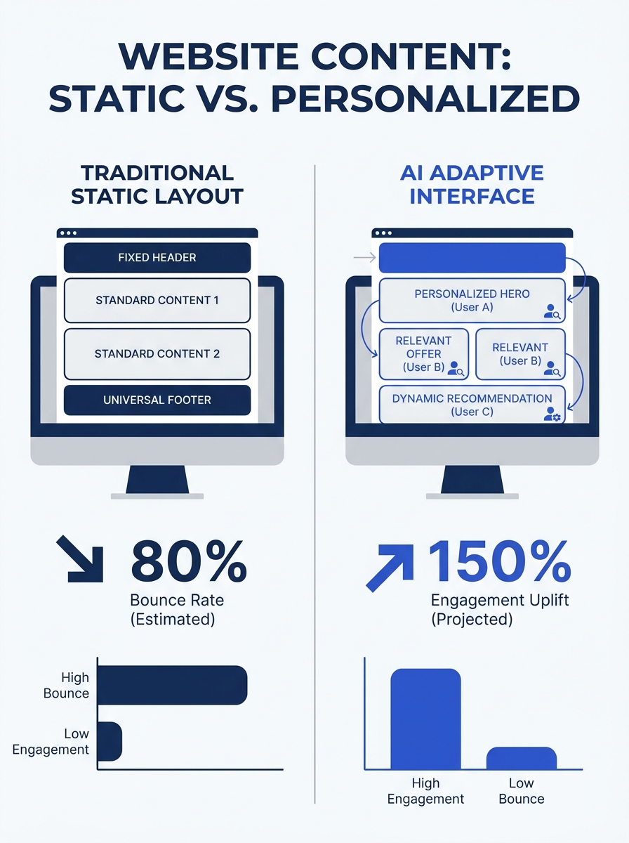 Split-screen comparison showing traditional static website layout versus AI-personalized interface adapting content blocks based on user behavior patterns