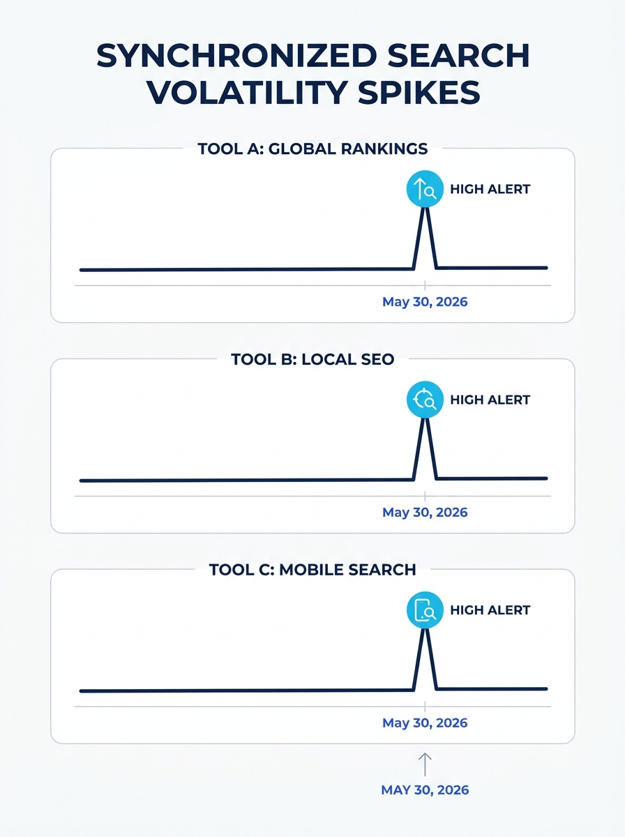 Multiple search ranking volatility tracking tool dashboards showing synchronized spikes on May 30, 2026