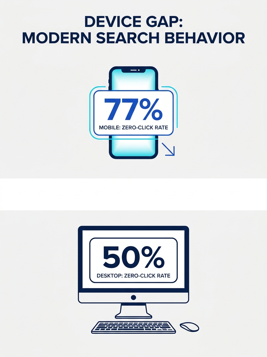 Split-screen visualization showing mobile device with 77% zero-click rate next to desktop showing 50% rate, illustrating the device gap in modern search behavior