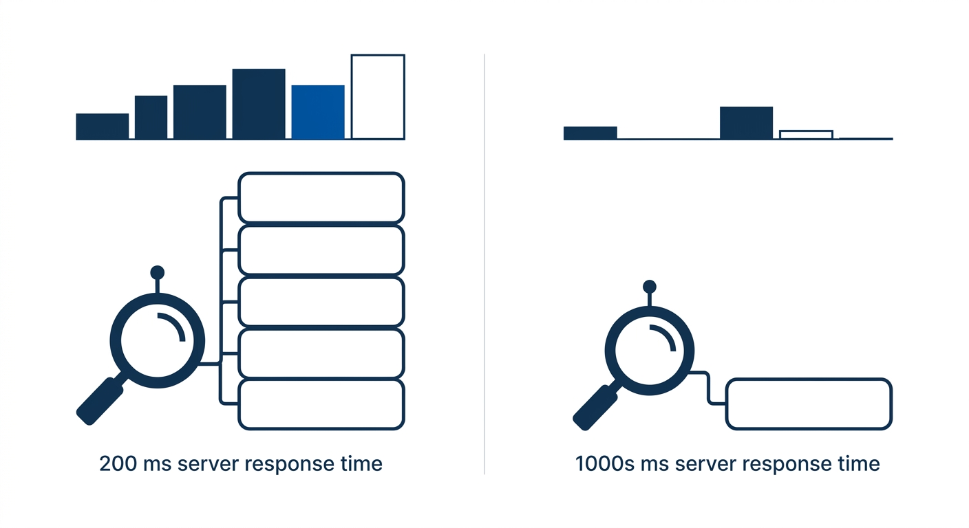 Side-by-side comparison diagram showing Googlebot crawl sessions at 200 milliseconds versus 1000 milliseconds server response times, illustrating the 5x difference in pages processed per session with