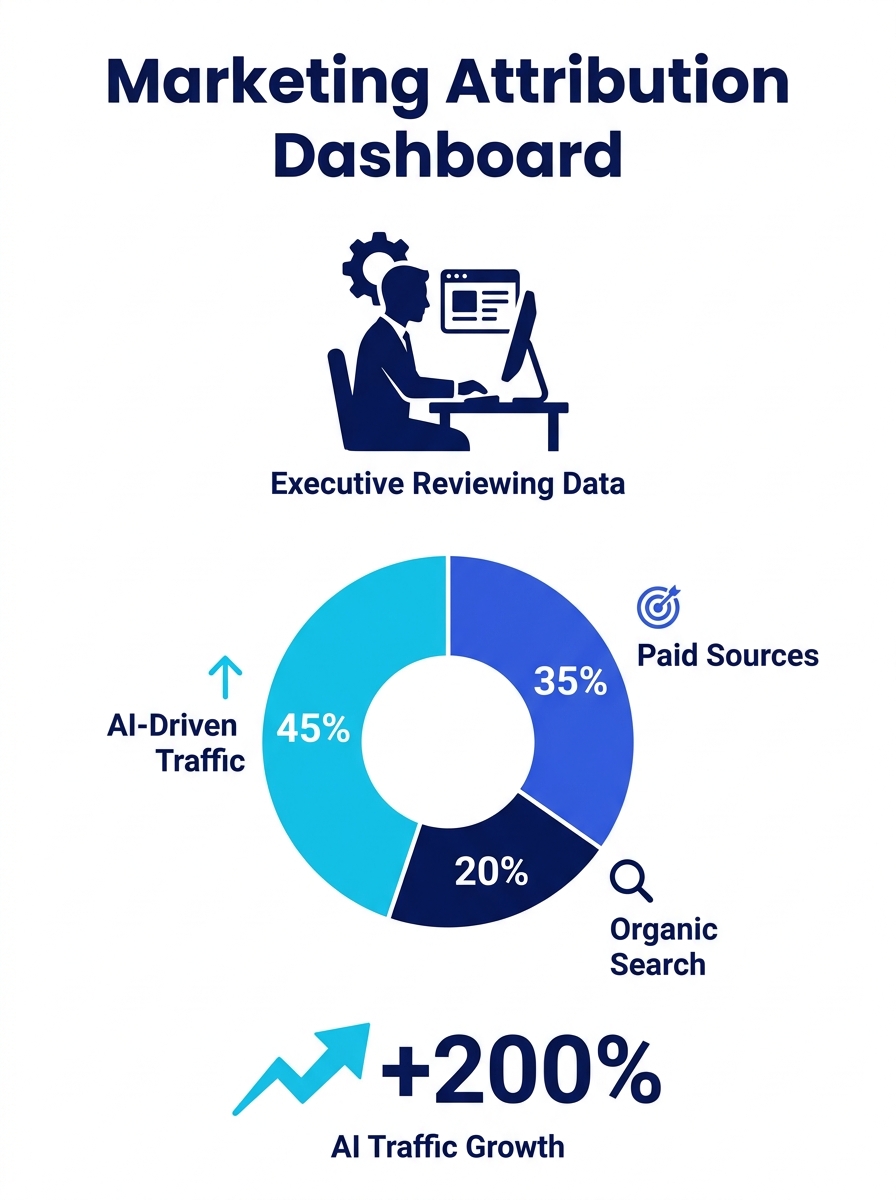 Marketing executive reviewing multi-channel attribution dashboard showing AI-driven traffic alongside traditional paid and organic sources