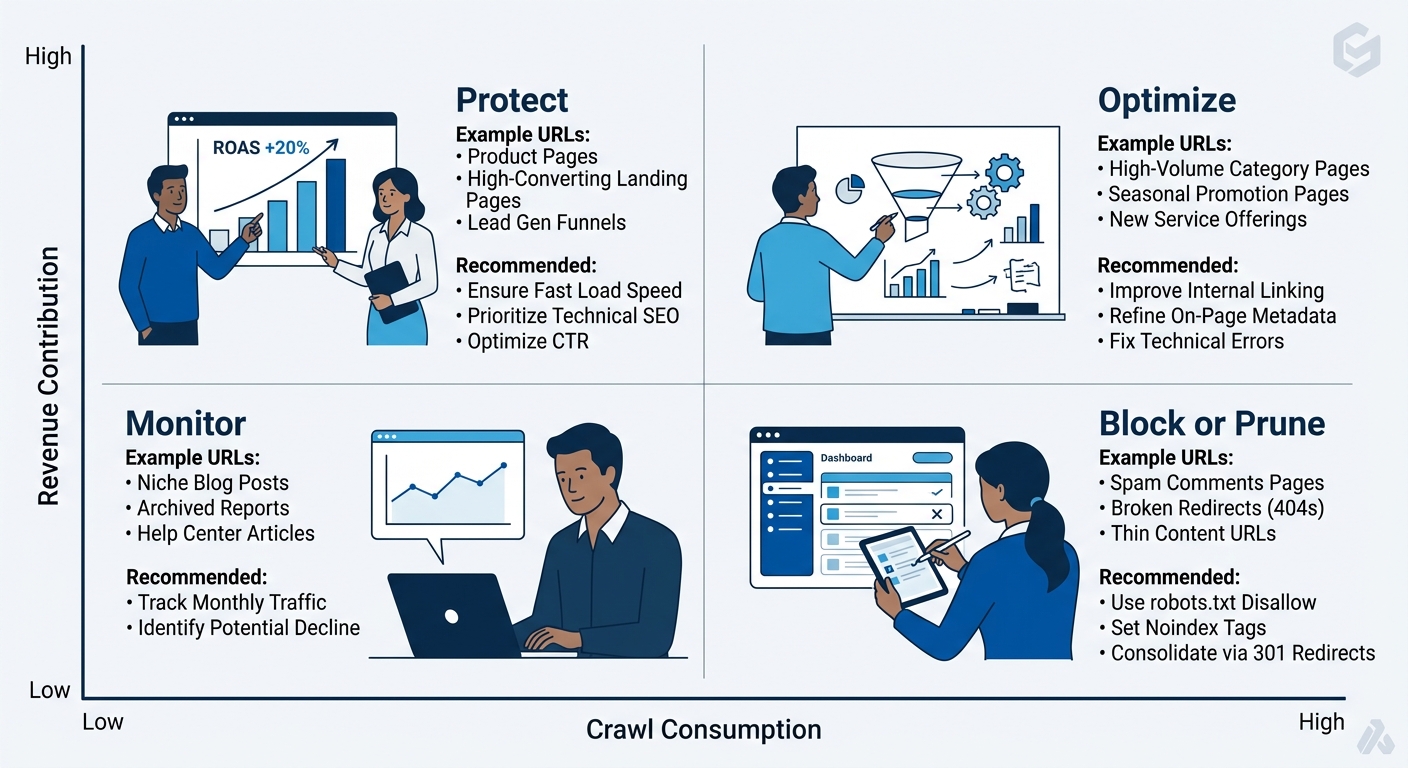 Infographic showing a 2x2 matrix with Crawl Consumption on the x-axis from Low to High and Revenue Contribution on the y-axis from Low to High, with four quadrants labeled Protect, Optimize, Monitor,