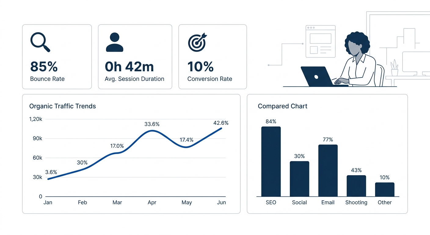 A marketing dashboard mockup showing descriptive analytics in action, with line charts for traffic trends, bar charts for channel comparisons, and KPI cards displaying bounce rate, session duration, a