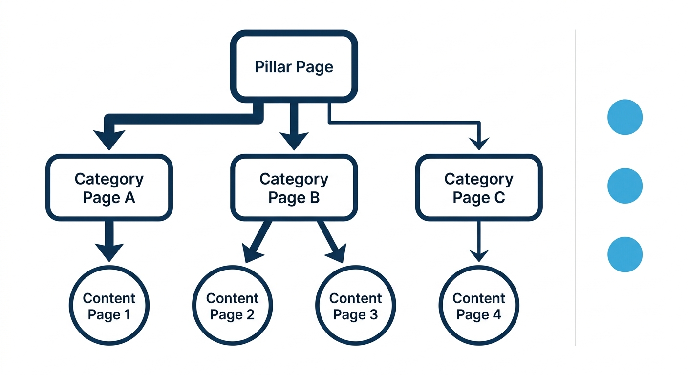 Diagram showing internal link equity flowing downward through a three-level site hierarchy with arrows of varying thickness representing authority transfer from a pillar page through category pages to