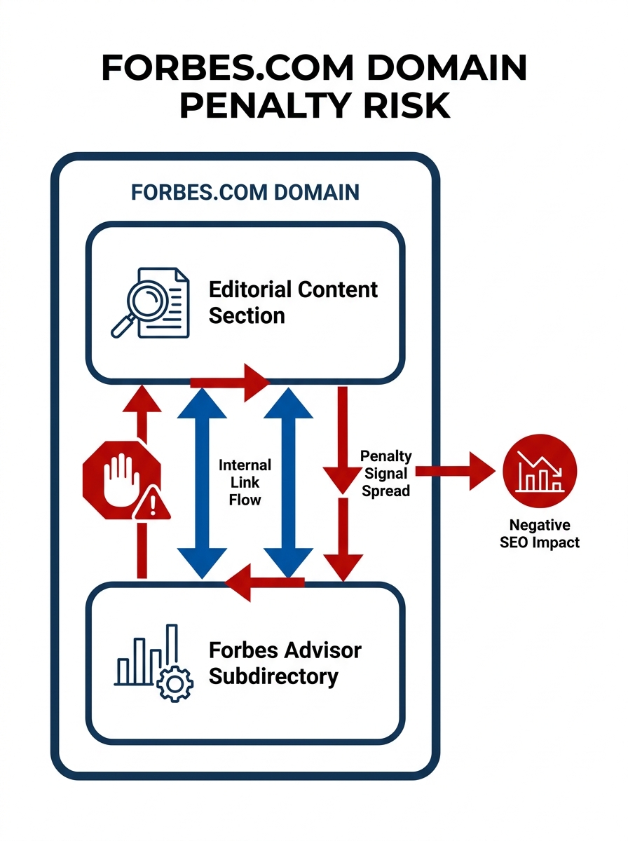Diagram showing Forbes.com domain structure with editorial content and Forbes Advisor subdirectory interconnected through bidirectional internal links, with red warning indicators showing how penalty