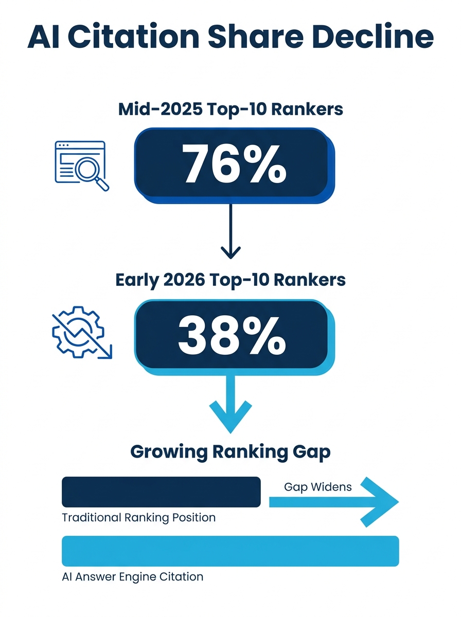 Infographic showing the decline of AI citation share from 76% in mid-2025 to 38% in early 2026 for top-10 Google rankers, with arrows showing the growing gap between traditional ranking position and A