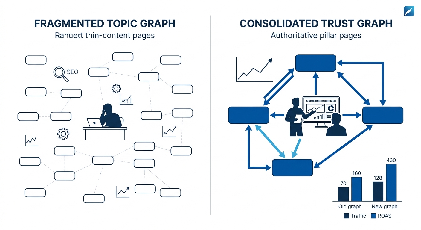 Side-by-side comparison showing a fragmented topic graph on the left with many disconnected thin-content nodes and weak entity associations versus a consolidated trust graph on the right with fewer au