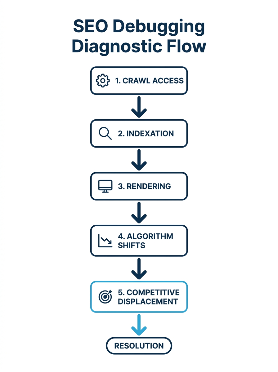 A flowchart showing the five diagnostic layers of enterprise SEO debugging: crawl access, indexation, rendering, algorithm shifts, and competitive displacement, with arrows connecting them in sequence