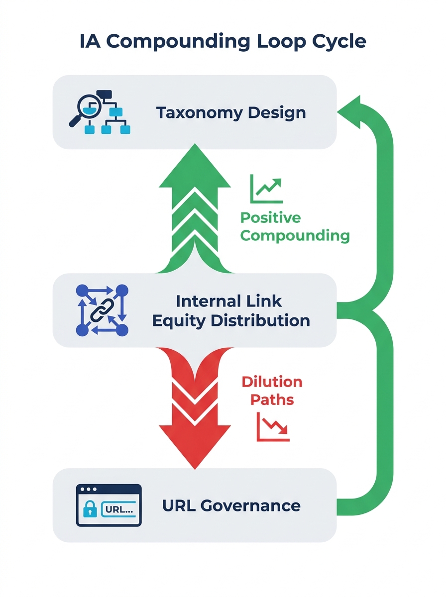 Infographic showing the Information Architecture Compounding Loop as a three-phase cycle with Taxonomy Design feeding into Internal Link Equity Distribution, which feeds into URL Governance, which loo