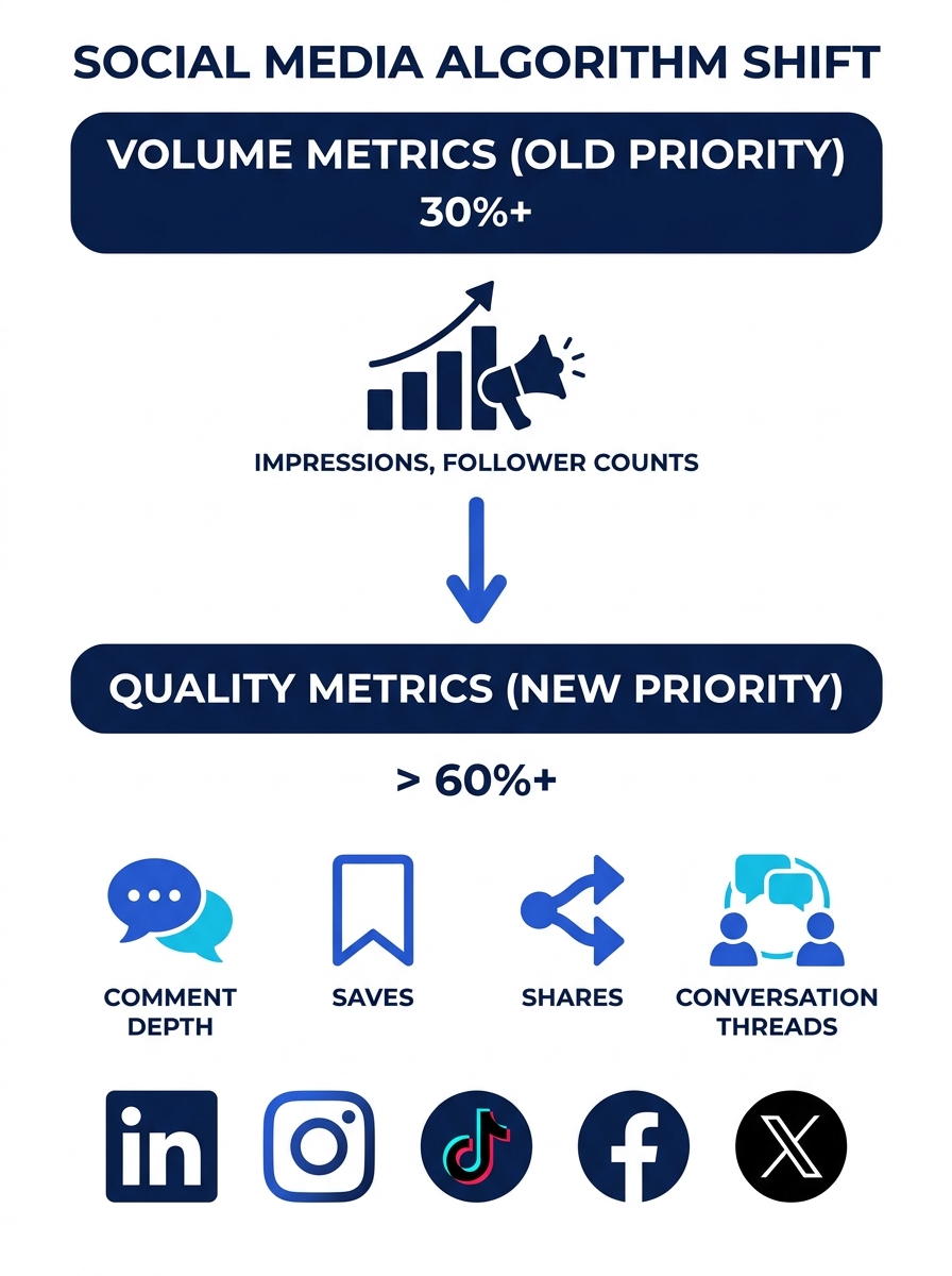 an infographic showing the shift in social media algorithm priorities from volume metrics like impressions and follower counts to quality metrics like comment depth, saves, shares, and conversation th