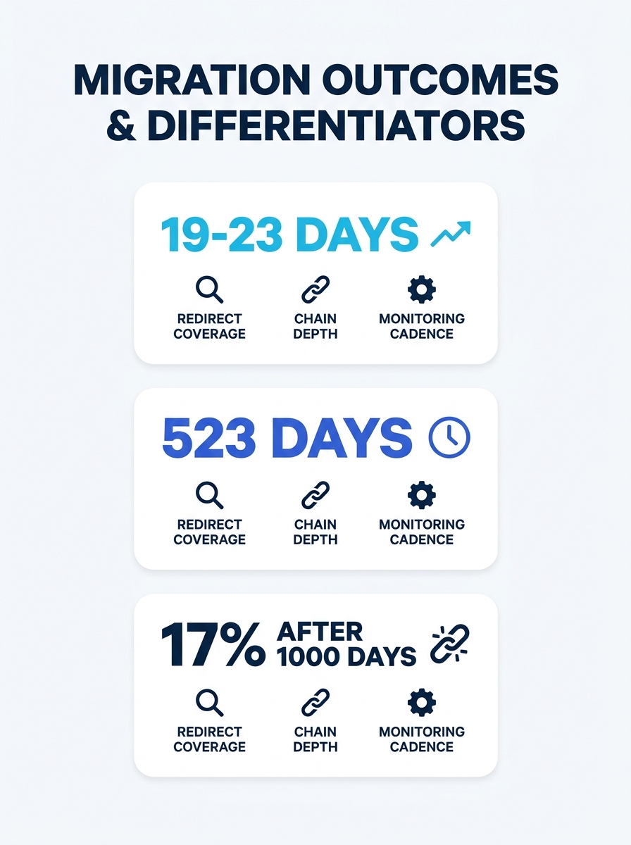 Infographic showing three migration outcome tiers — fastest recovery at 19-23 days, average recovery at 523 days, and non-recovery at 17% after 1000 days — with key differentiating factors listed bene