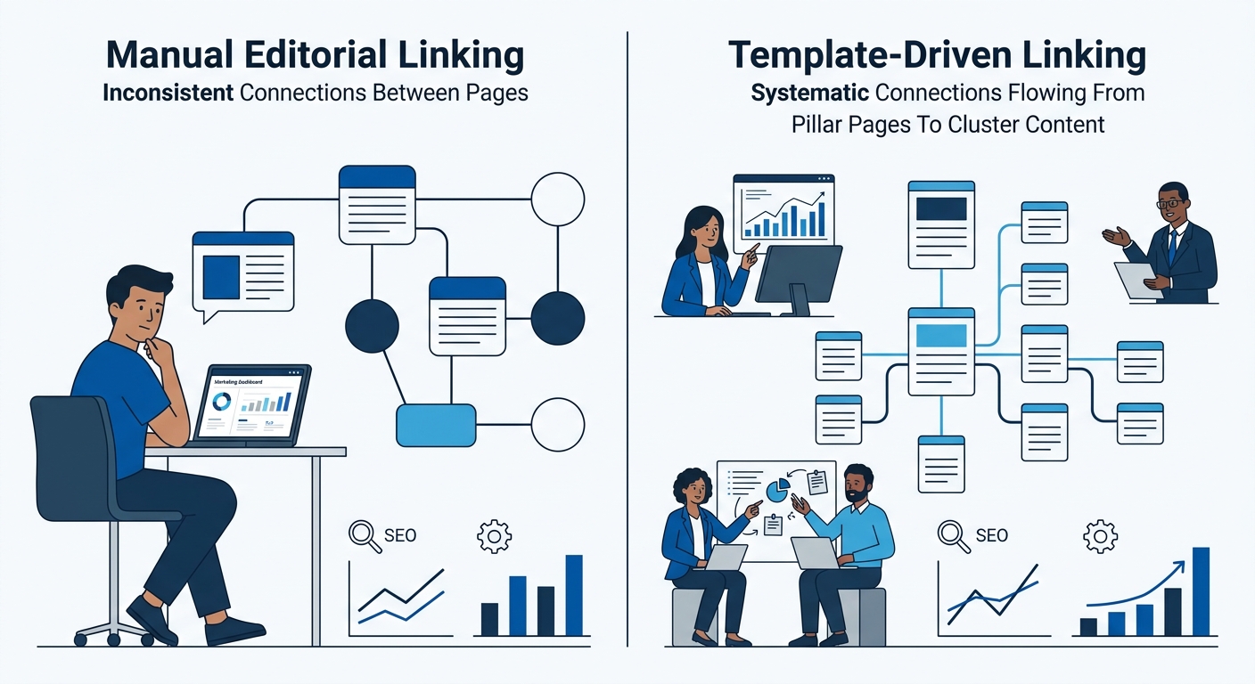 An infographic comparing two internal linking approaches side by side — left side shows manual editorial linking with inconsistent connections between pages, right side shows template-driven linking w