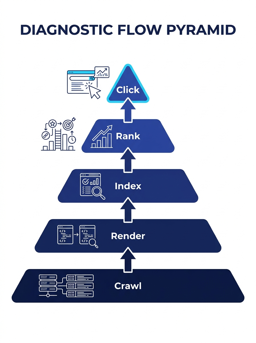 A five-layer pyramid diagram labeled from bottom to top: Crawl, Render, Index, Rank, Click. Each layer includes icons for its diagnostic focus—server logs for Crawl, DOM comparison for Render, coverag
