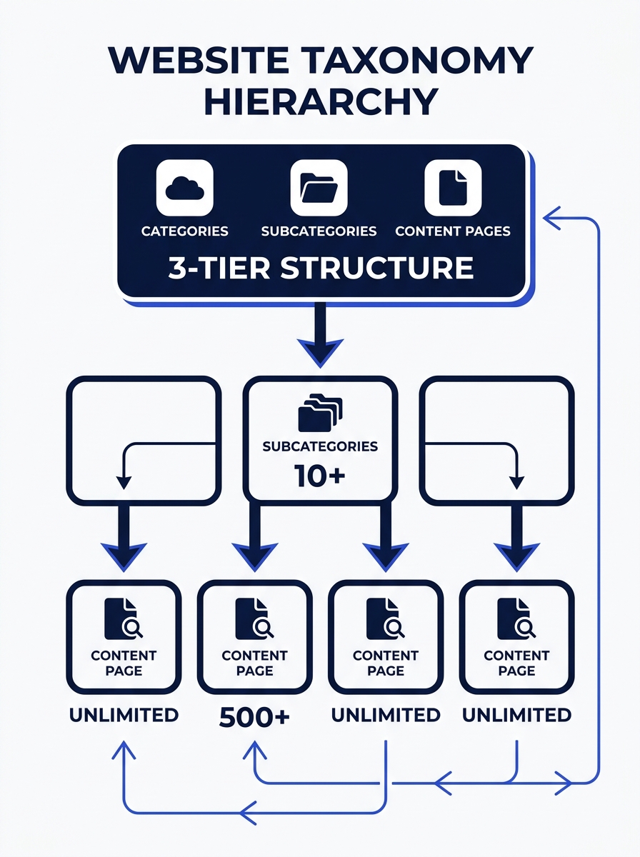 A hierarchical tree diagram showing three tiers of website taxonomy — top-level categories branching into subcategories, then into individual content pages, with arrows indicating internal link flow b