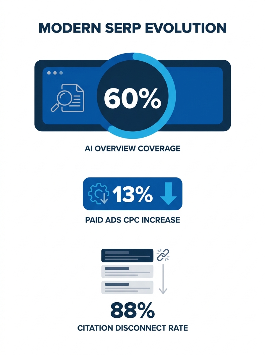 Infographic showing the modern SERP structure with AI Overview at top, compressed paid ads in middle, and reduced organic listings at bottom, annotated with 60% AI Overview coverage, 13% CPC increase,