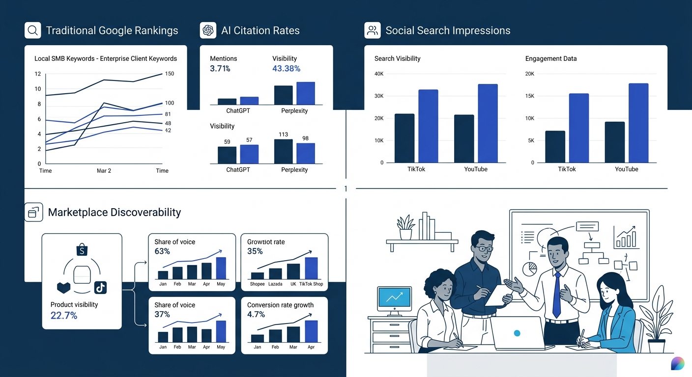 An enterprise marketing dashboard mockup showing parallel tracking of traditional Google rankings, AI citation rates across ChatGPT and Perplexity, social search impressions on TikTok and YouTube, and