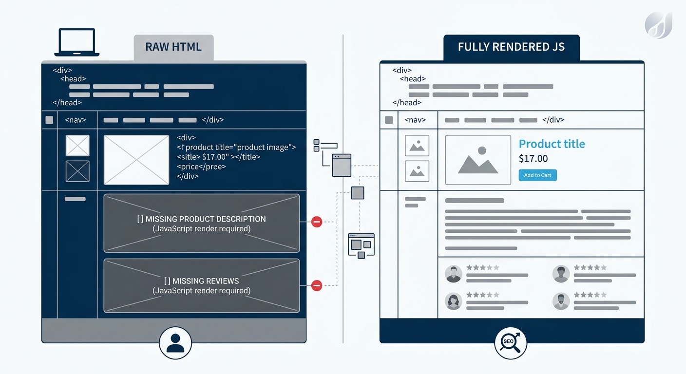 a side-by-side comparison showing a product page's raw HTML source (left) with missing product description and review sections versus the fully JavaScript-rendered version (right) with all content vis