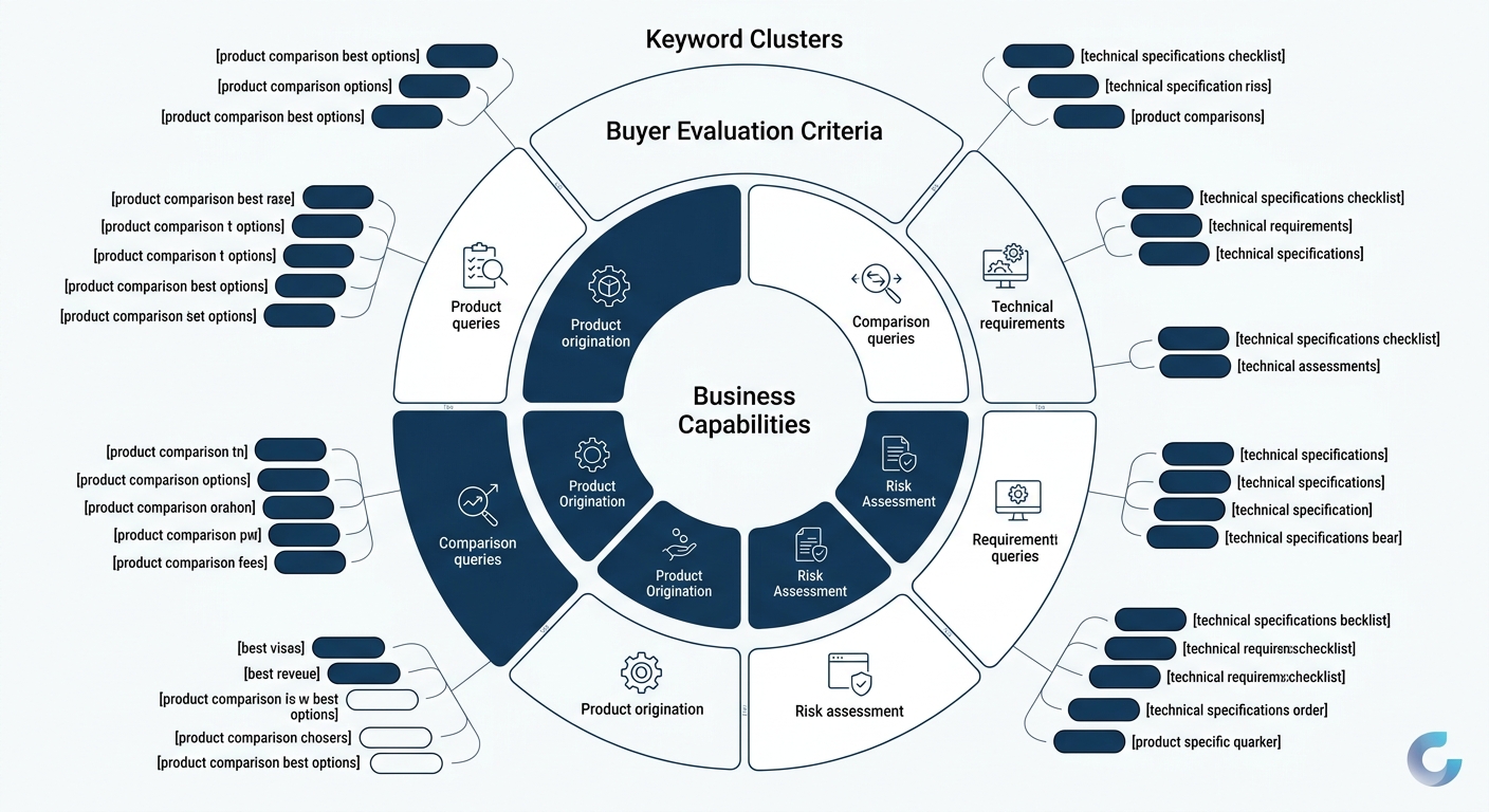 An infographic showing three concentric layers of an enterprise SEO authority map — the innermost ring labeled "Business Capabilities" with examples like product origination and risk assessment, the m