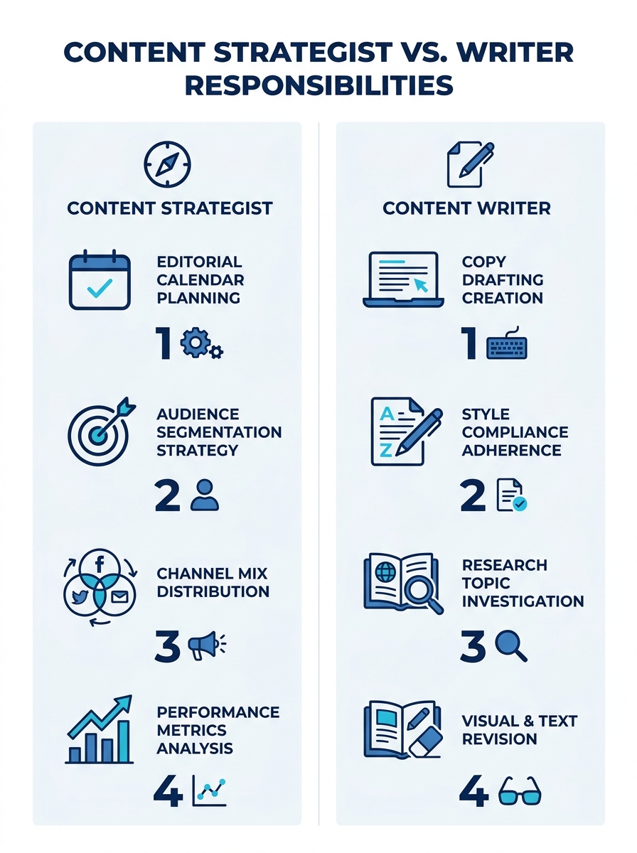 An infographic comparing the responsibilities of a content strategist versus a content writer, with two columns — the strategy column listing editorial calendar, audience segmentation, channel mix, an