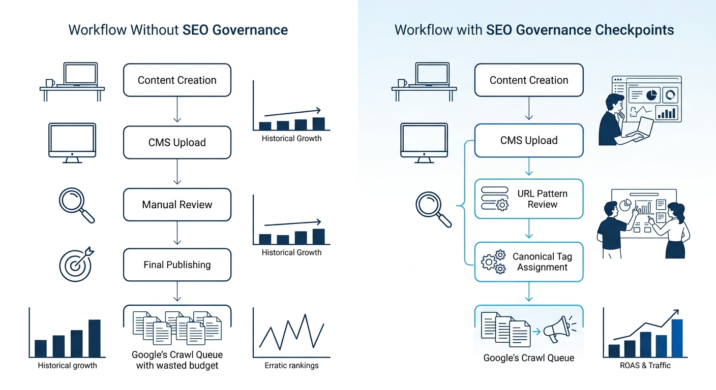 flowchart showing an enterprise CMS publishing workflow with and without SEO governance checkpoints, highlighting where URL pattern review and canonical tag assignment prevent crawl budget waste befor