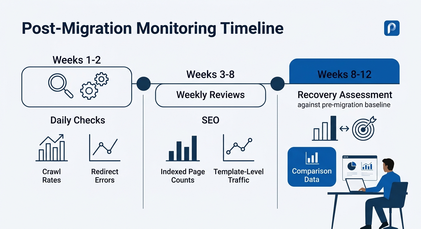 Timeline visualization showing post-migration monitoring cadence across 12 weeks, with daily checks in weeks 1-2 tracking crawl rates and redirect errors, weekly reviews in weeks 3-8 tracking indexed