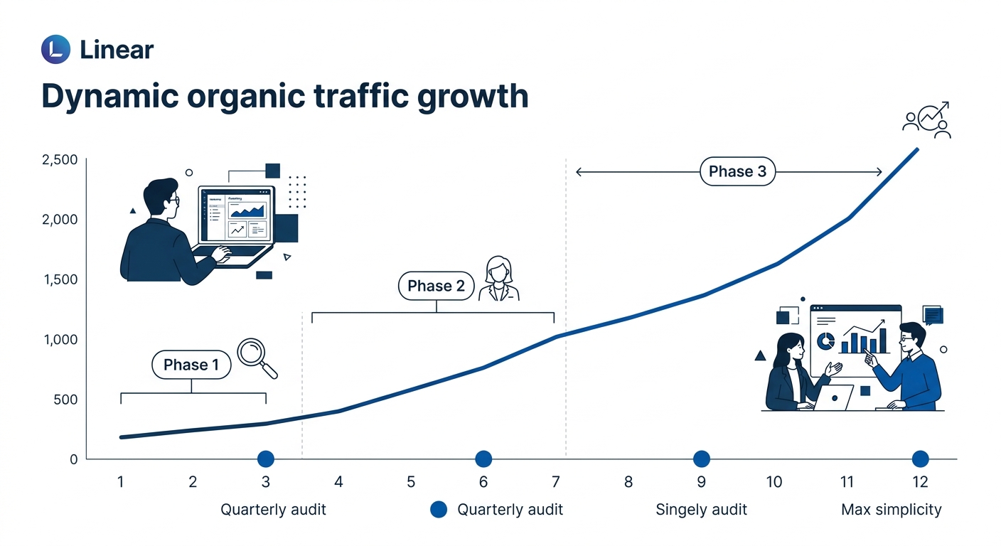a line chart showing organic traffic growth over 12 months with three annotated phases, a slow rise from months one to three, steeper growth from months four to six, and an exponential curve from mont