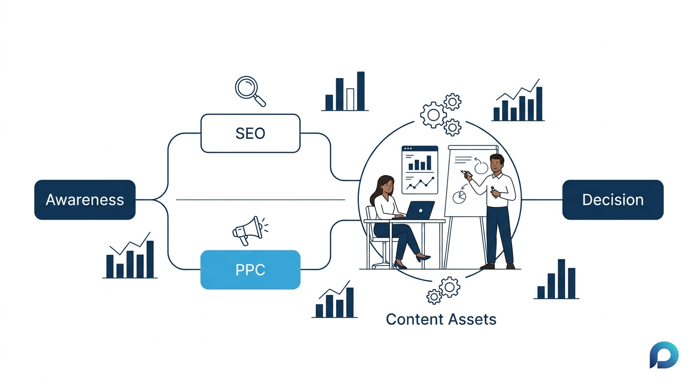 A visual diagram of the Intent-Channel-Asset Framework showing a flow from awareness to decision stages, with branching paths for SEO and PPC channels converging at shared content assets in the center