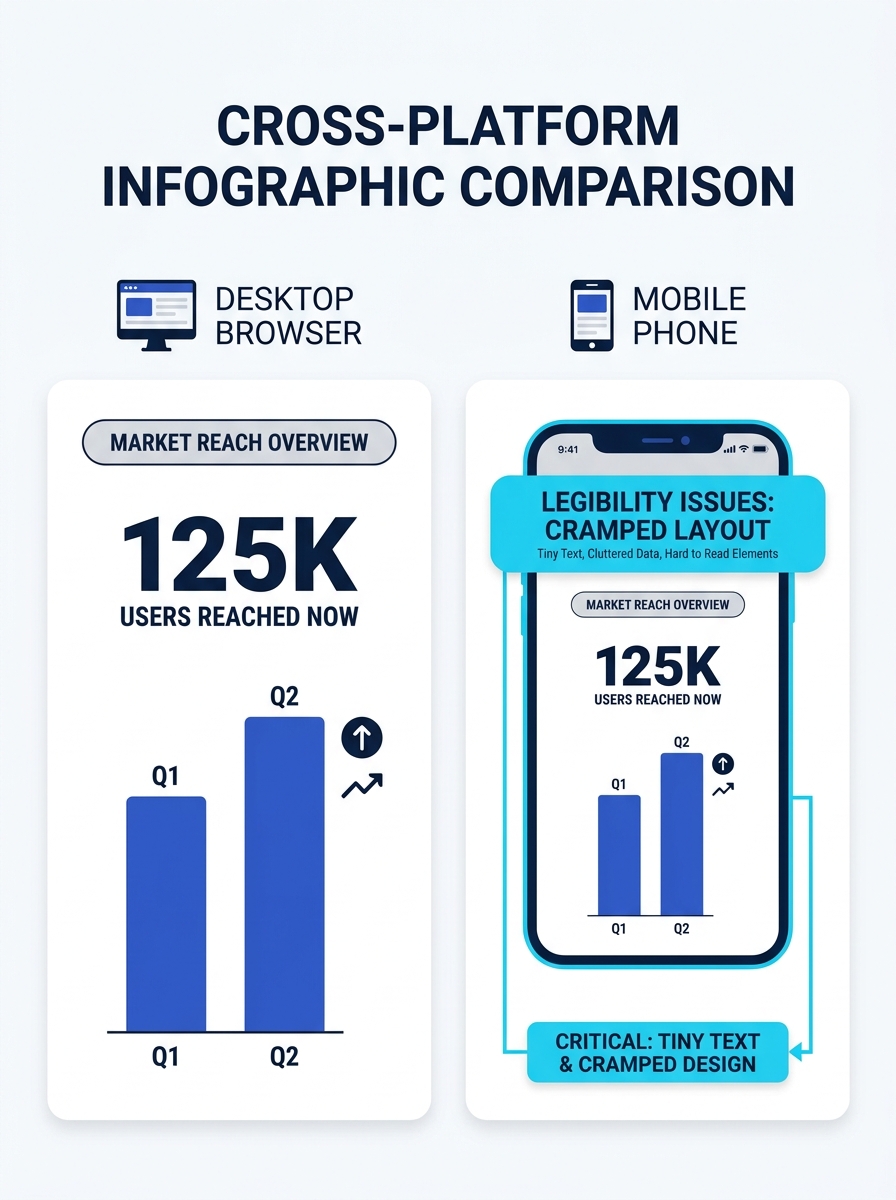 A side-by-side comparison showing the same infographic displayed on a desktop browser versus a mobile phone screen, with the mobile version highlighting legibility issues like tiny text and cramped la