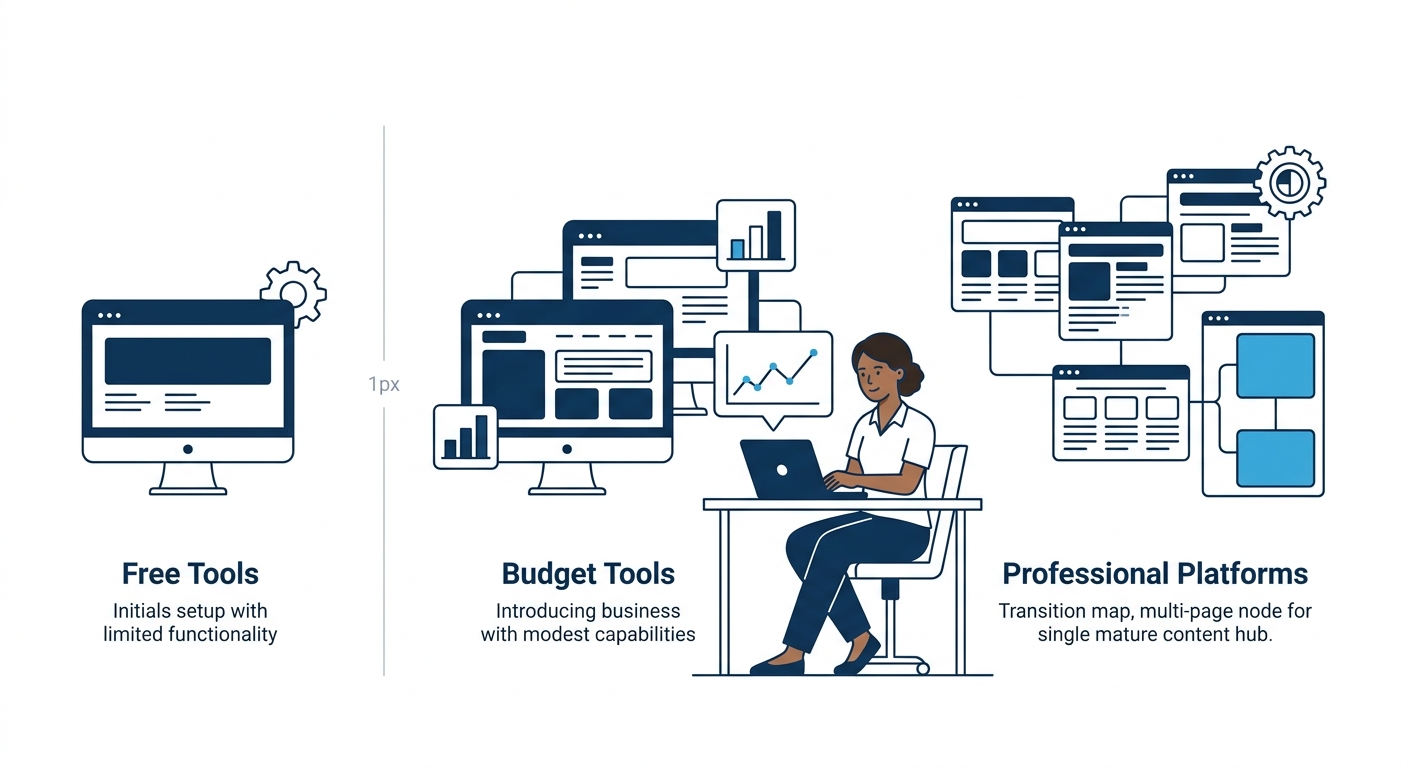 a conceptual illustration showing a small business growing from a simple website to a multi-page content hub, with tool complexity scaling alongside — representing the progression from free tools to b