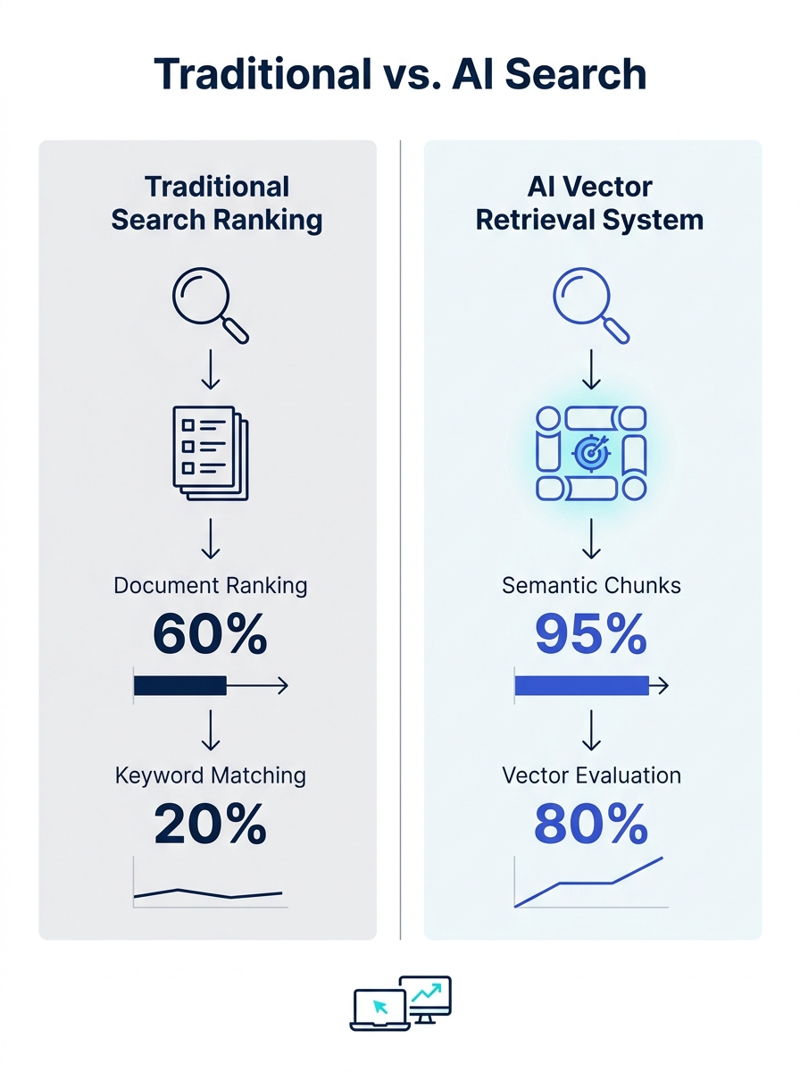 Split-screen comparison showing traditional search document ranking on left versus AI vector retrieval system evaluating semantic chunks on right