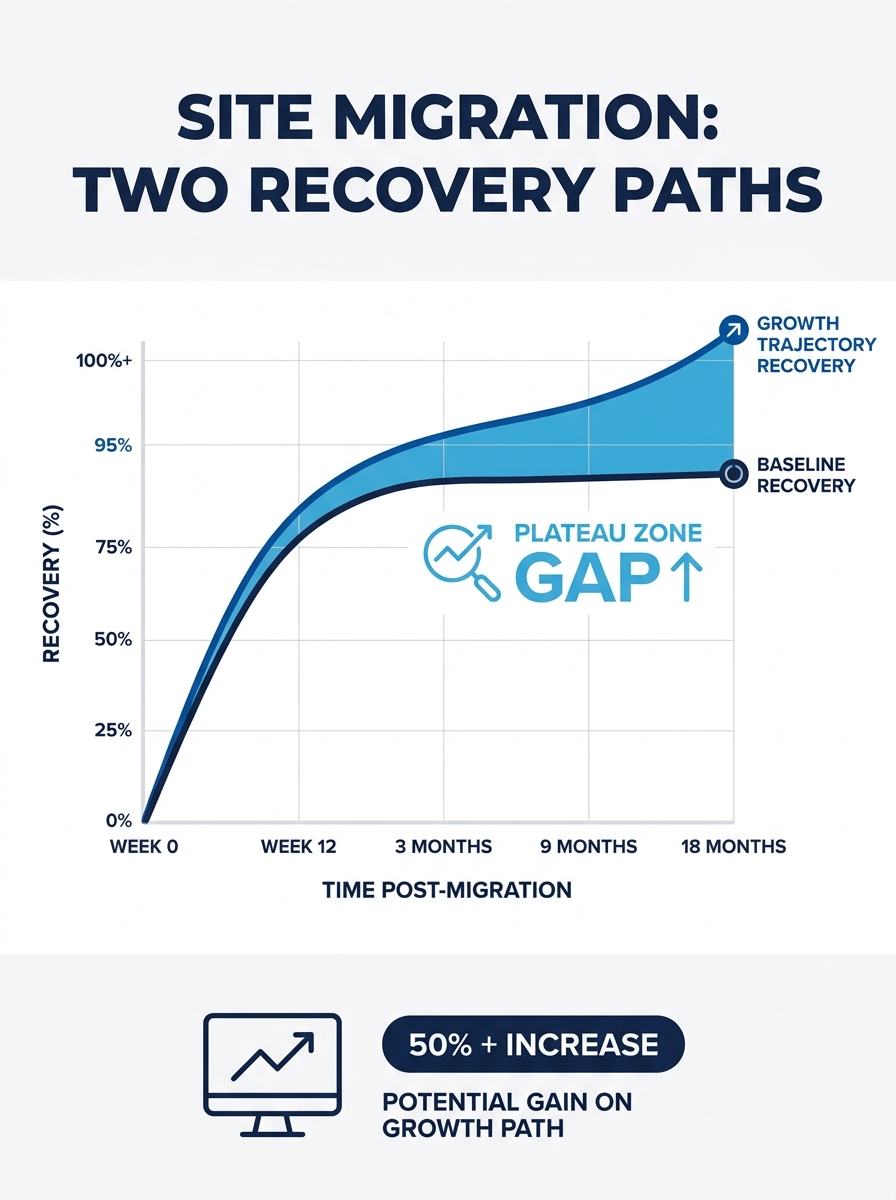 Line chart showing two diverging trajectories after site migration — one curve labeled "baseline recovery" that flattens at 90-95% around week 12, and another curve labeled "growth trajectory recovery