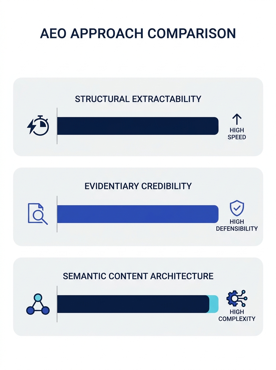 infographic comparing three AEO approaches — structural extractability, evidentiary credibility, and semantic content architecture — showing implementation speed, complexity, and defensibility on a ho