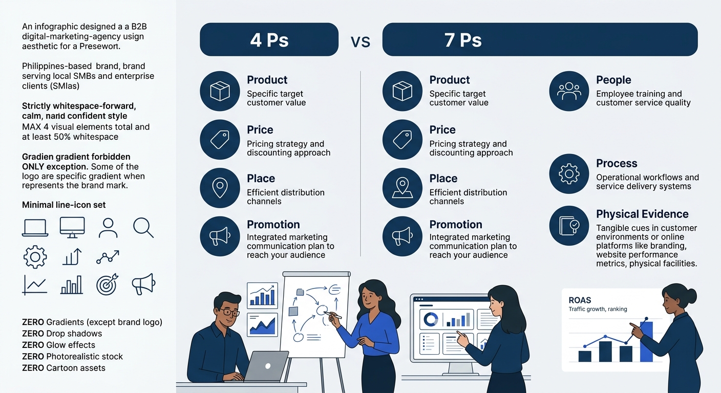infographic comparing the original 4 Ps framework (Product, Price, Place, Promotion) side by side with the expanded 7 Ps model (adding People, Process, Physical Evidence), showing what each element co