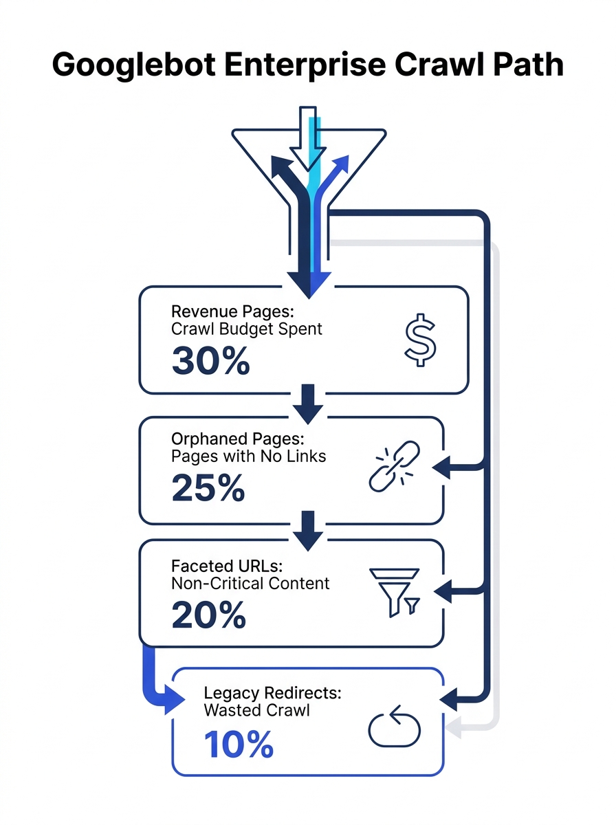 Infographic showing a funnel diagram of Googlebot's crawl path through an enterprise site, with branches labeled "revenue pages," "orphaned pages," "faceted URLs," and "legacy redirects," showing perc