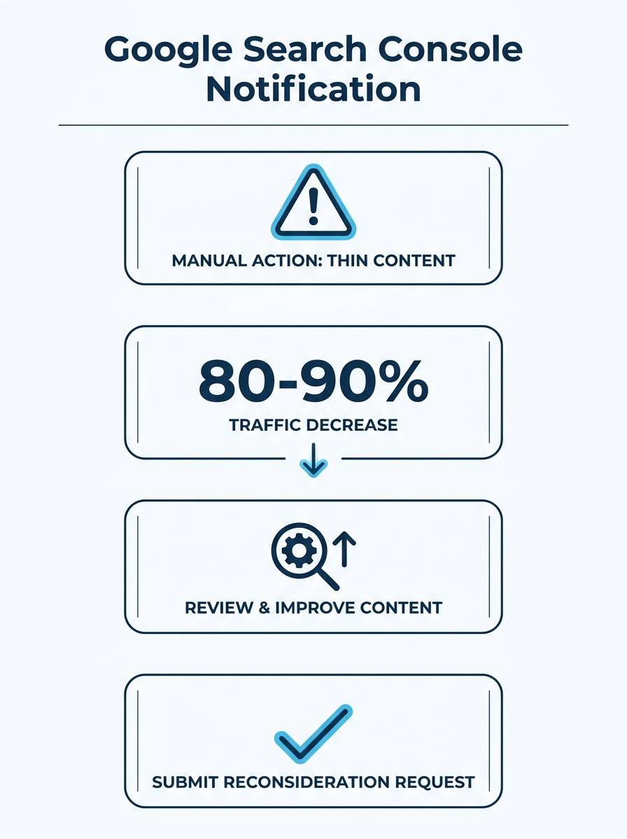 Google Search Console manual action notification panel showing thin content penalty warning on a website dashboard