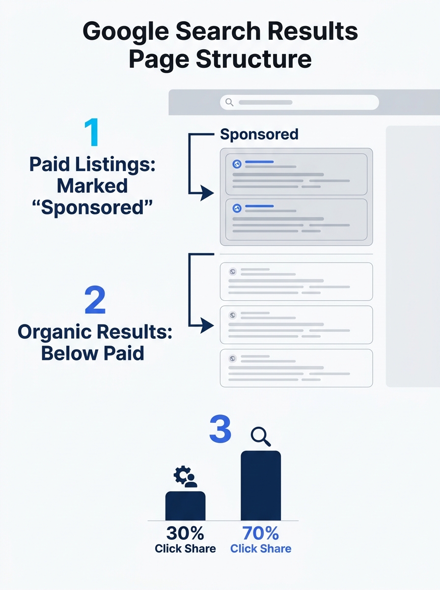 A Google search results page with annotated labels pointing to the bold "Sponsored" text above paid listings, clearly distinguishing them from organic results that appear below